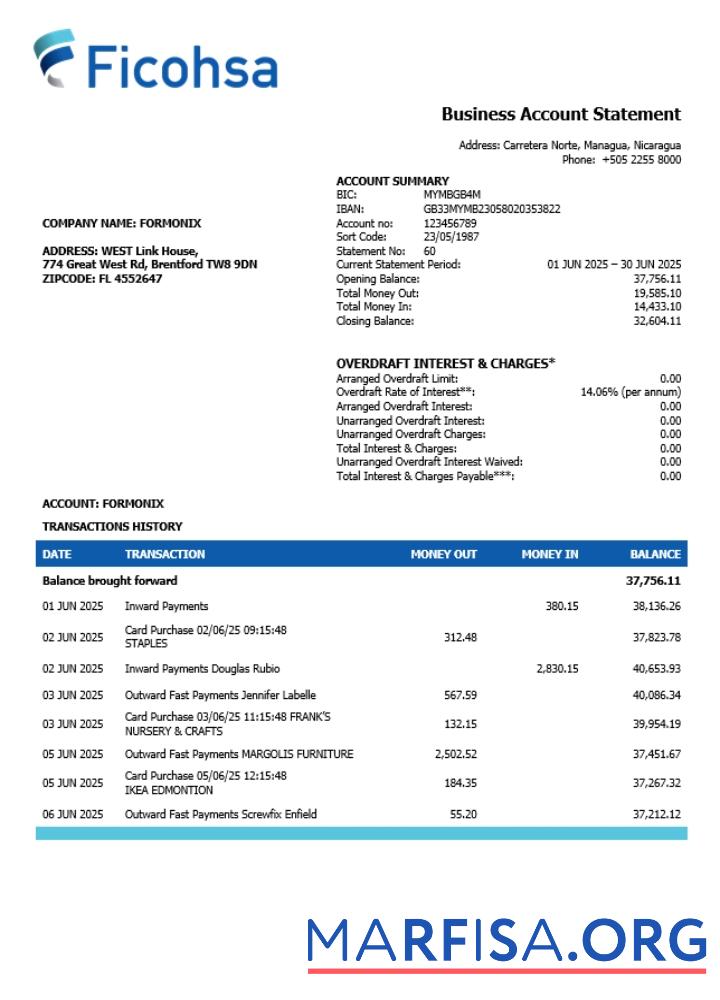 Downloadable Banco Ficohsa business bank statement Word and PDF format (1) real example